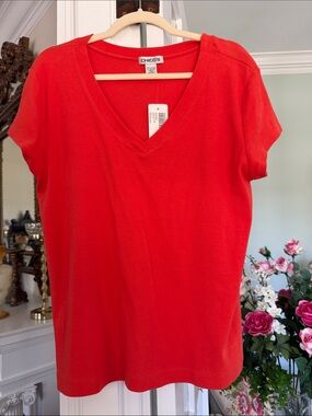 Chico's Orange V-Neck Short Sleeve Tee, size 3